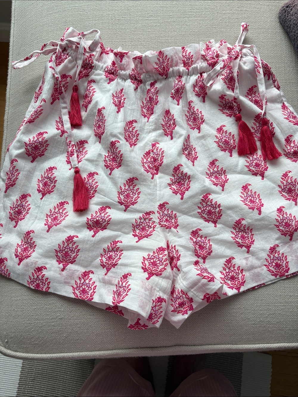 Roller Rabbit White High-Waist Shorts with Pink Tassel Print